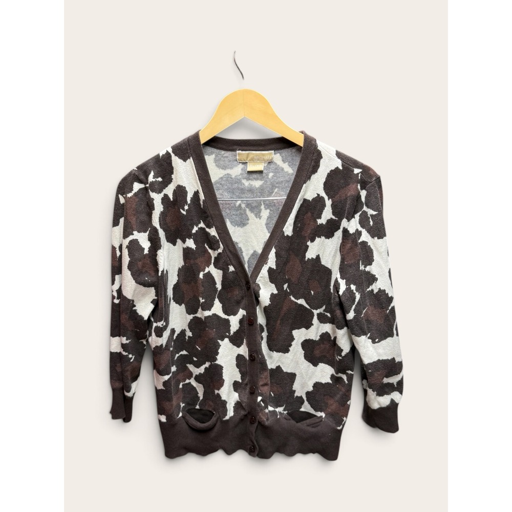 Michael Kors Animal Print V-Neck Cardigan Brown White XL XL/XG